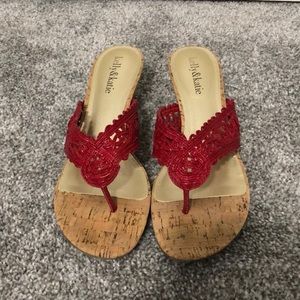 Kelly & Katie poppy red wedge sandals, 7.5 (TTS)